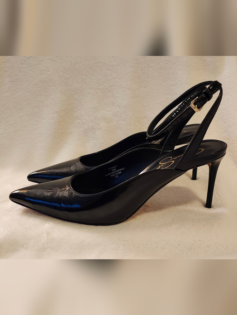Jessica Simpson Black Patent Pointed-Toe Ankle Strap Heels